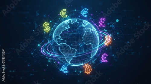 Futuristic global digital finance network with orbiting currency symbols around Earth, illustrating international economic connectivity and technological progress