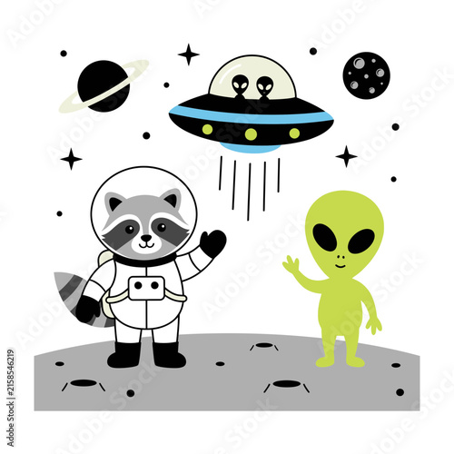 Принти на полотні Cute astronaut raccoon waving at green alien friend near UFO on moon surface wit