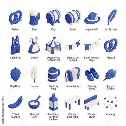 Oktoberfest Icons Set Pretzel Beer Sausage Dirndl Lederhosen Accordion