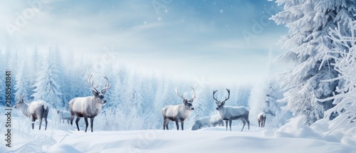 reindeers in winter panoramic with snow-covered fir branches and snowfall flakes, Christmas banner background, Generative AI