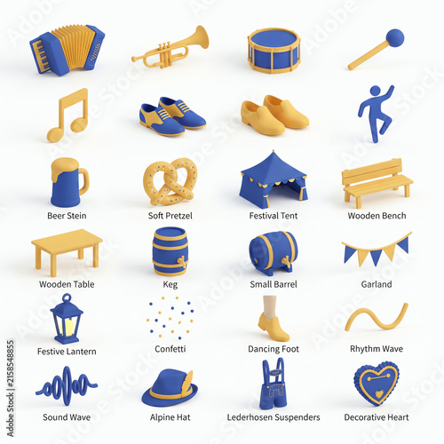 Oktoberfest Symbols and Icons Set Accordion Trumpet Drum Pretzel Beer