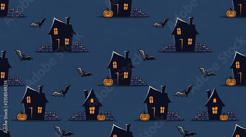 Spooky Halloween seamless pattern with haunted houses