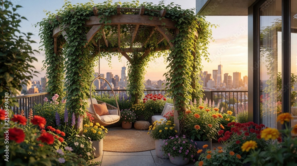 Fototapeta premium Urban balcony oasis with wooden pergola covered in green vines. Colorful flowers and hanging chair create cozy seating area with city skyline view at sunset.