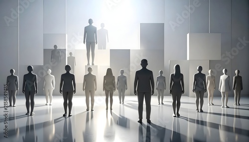 Futuristic Human Silhouettes Standing in Abstract Minimalist Digital Space with Bright Light background.