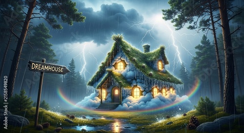 Cottage surrounded by a rainbow under a dramatic stormy sky with lightning.