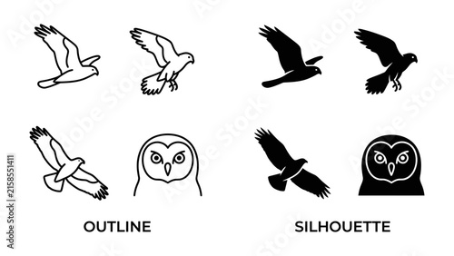 Bird Icons: A collection of stylized bird icons presented in both outline and silhouette form, showcasing various avian species in flight and head profile.