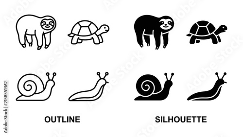 Slow and Steady Icons: A set of stylized icons featuring a sloth, tortoise, snail, and slug in both outline and silhouette forms, representing concepts of slowness and persistence.