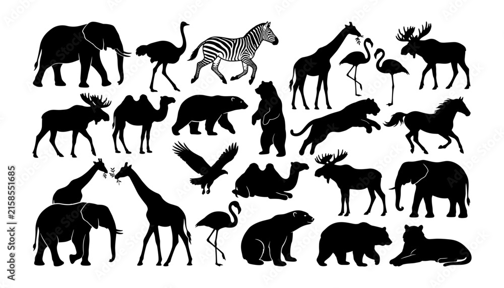 Fototapeta premium Wild animals silhouettes set vector illustration collection isolated on white background for safari nature graphic design projects