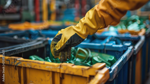 Worker Sorting Plastic Waste on Conveyor Belt at Recycling Plant