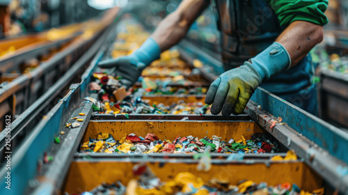 Worker Sorting Plastic Waste on Conveyor Belt at Recycling Plant
