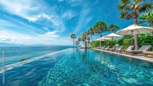 Luxury Infinity Pool Overlooking Tropical Beach and Turquoise Sea at Exotic Resort