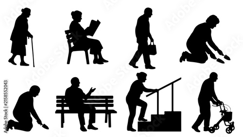 Silhouettes of elderly people in various daily activities vector illustration