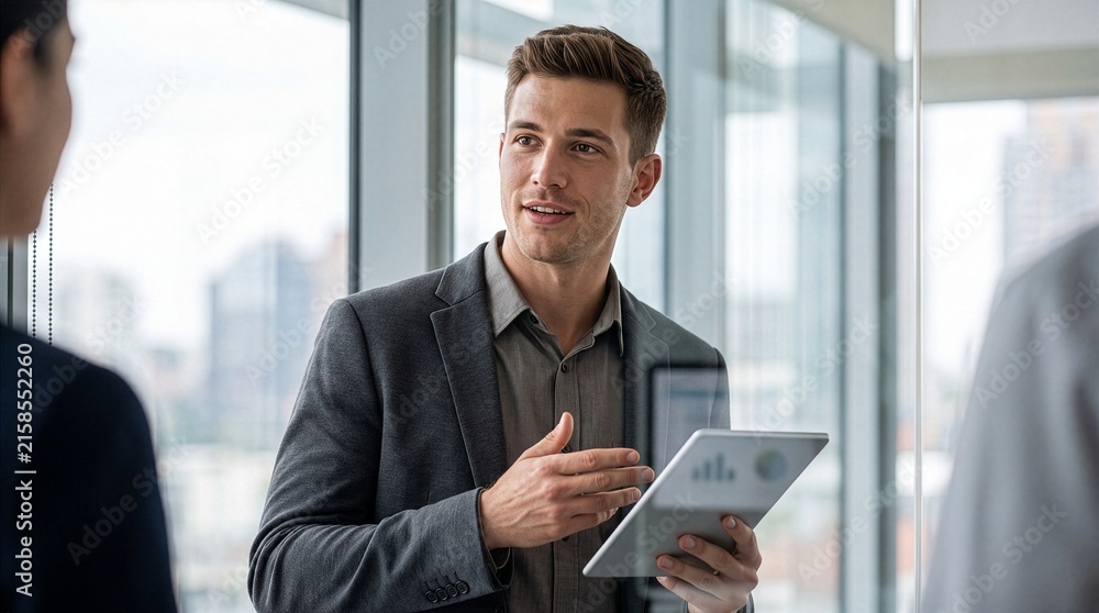 Fototapeta premium Business Consultant Presenting Digital Information on Tablet