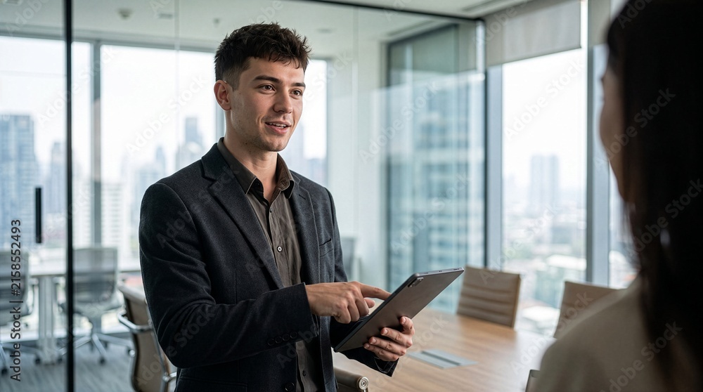 Fototapeta premium Male Entrepreneur Reviewing Business Information on Tablet