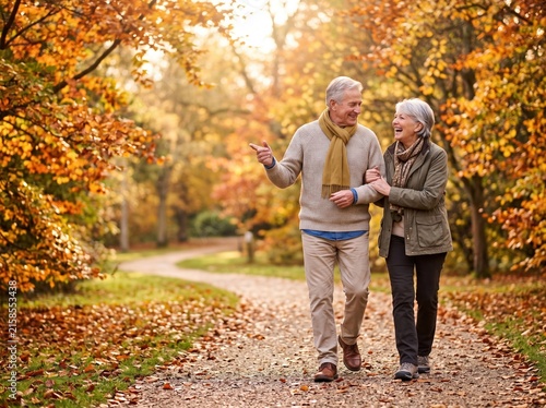 Smiling senior couple walking arm in arm on a tree-lined park path in autumn, wearing warm sweaters and scarves, surrounded by fallen leaves and golden sunlight