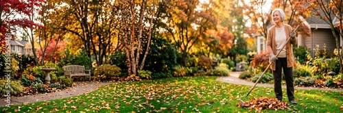 Senior man raking fallen leaves on a green lawn in an autumn garden with colorful trees, shrubs, and a wooden bench near a curved path by a house