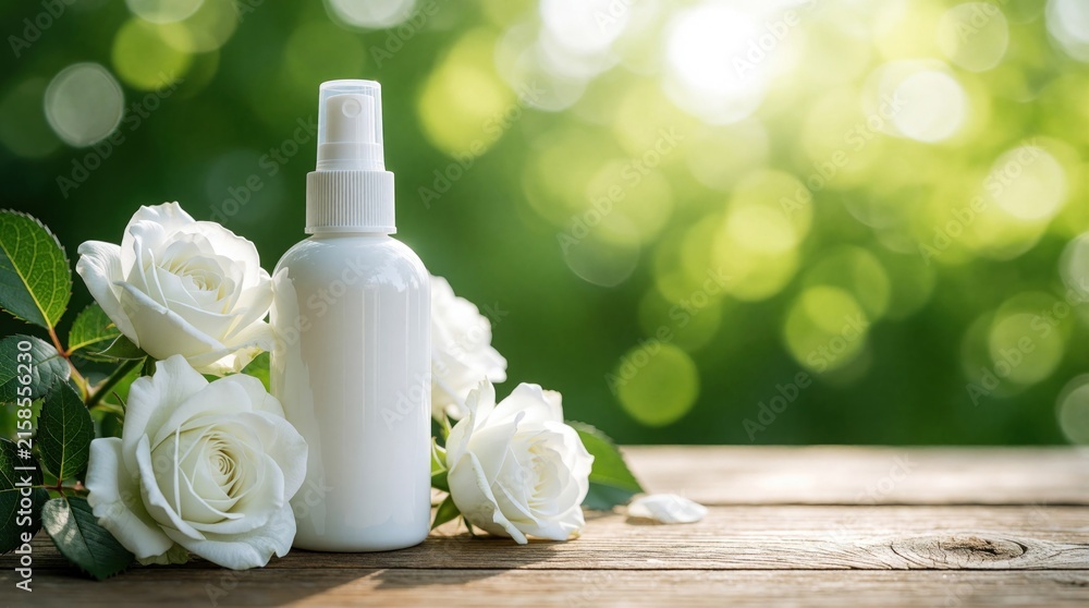 Fototapeta premium White cosmetic spray bottle with white roses rests on weathered wood surface. Soft green bokeh background with sunlit highlights creates natural, serene ambiance. Gentle floral scent for beauty