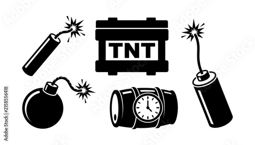 Foto Set of flat black explosive icons including tnt crate round cannonball bombs bur