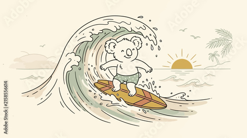 Koala surfing tropical beach sunset scene.