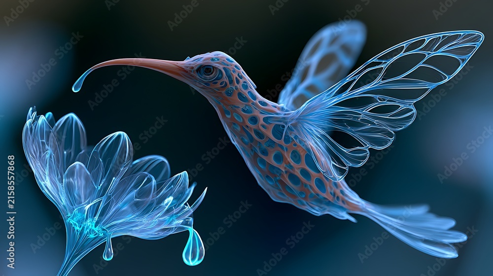 Naklejka premium 28. A beautiful shot of a synthetic hummingbird. Its wings are made of delicate translucent glass-like organic membranes, feeding on a glowing flower that leaks neon blue nectar. Ultra-high 