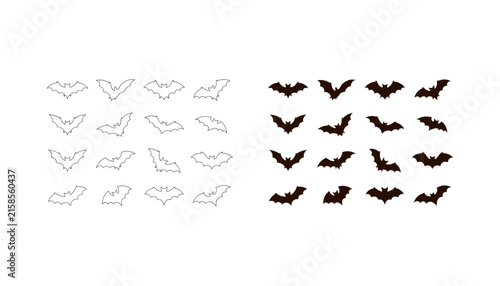 Collection of hand drawn bat sketches and black silhouette icons for halloween design elements