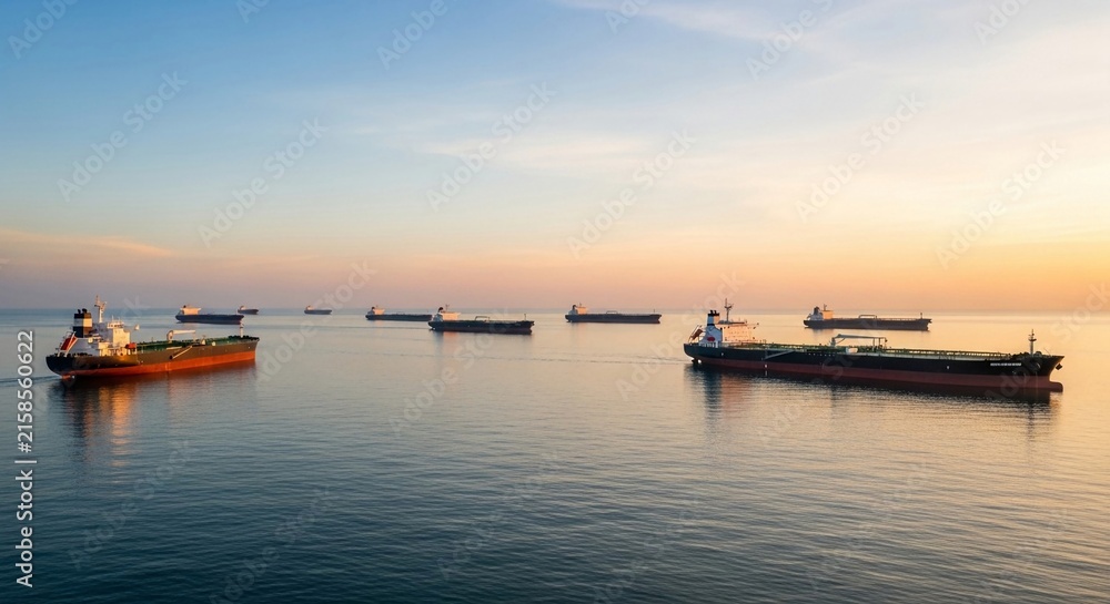 Fototapeta premium A fleet of large oil tankers anchored at sea during a serene sunset, representing global maritime transport and industry.