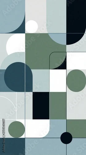 Panel kuchenny z motywem Abstract geometric pattern with muted colors, clean lines. Minimalist composition uses shapes like circles, squares, rectangles in blue, green, grey tones. Modern digital art design for background,