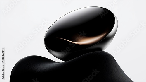 Elegant, reflective, black, egg-shaped object rests on curved, dark surface