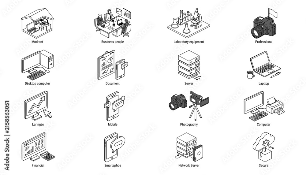 Fototapeta premium Isometric business and digital technology line icon set showcasing office infrastructure corporate hardware and network workflow