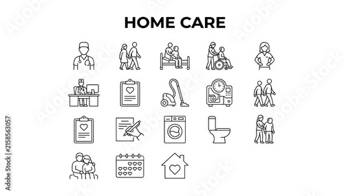 Medical home care line icon collection presenting senior nursing assistance domestic housekeeping services and patient assistance