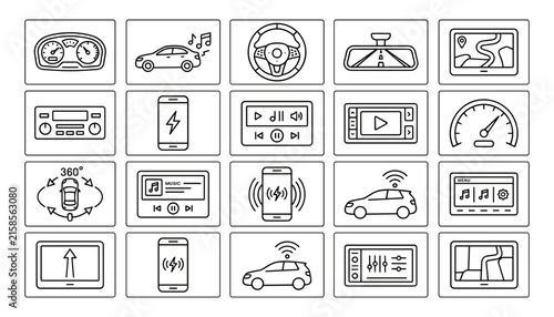 Car smart dashboard interface line icon set including vehicle navigation entertainment media system and driving diagnostics