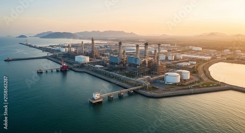 Expansive coastal industrial refinery complex with harbor facilities at sunset, showcasing energy production and vast infrastructure.