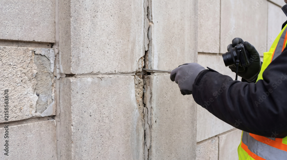 Naklejka premium Building inspector examining structural crack and foundation damage in exterior concrete masonry wall with probe tool and camera