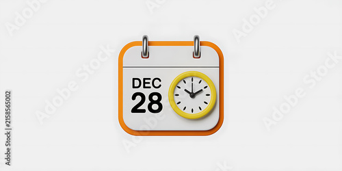 3D Calendar Icon with Clock Showing December 28 on White Background time date 