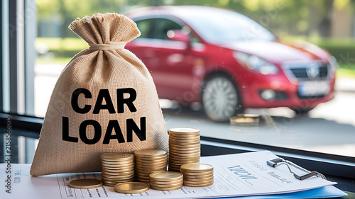 Car Loan Bag with Coins and Red Car on Desk money bag currency 