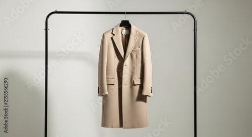 Elegant beige long coat with dark brown accents hanging on a modern black clothing rack in a minimalistic setting perfect for fashion styling and wardrobe showcase