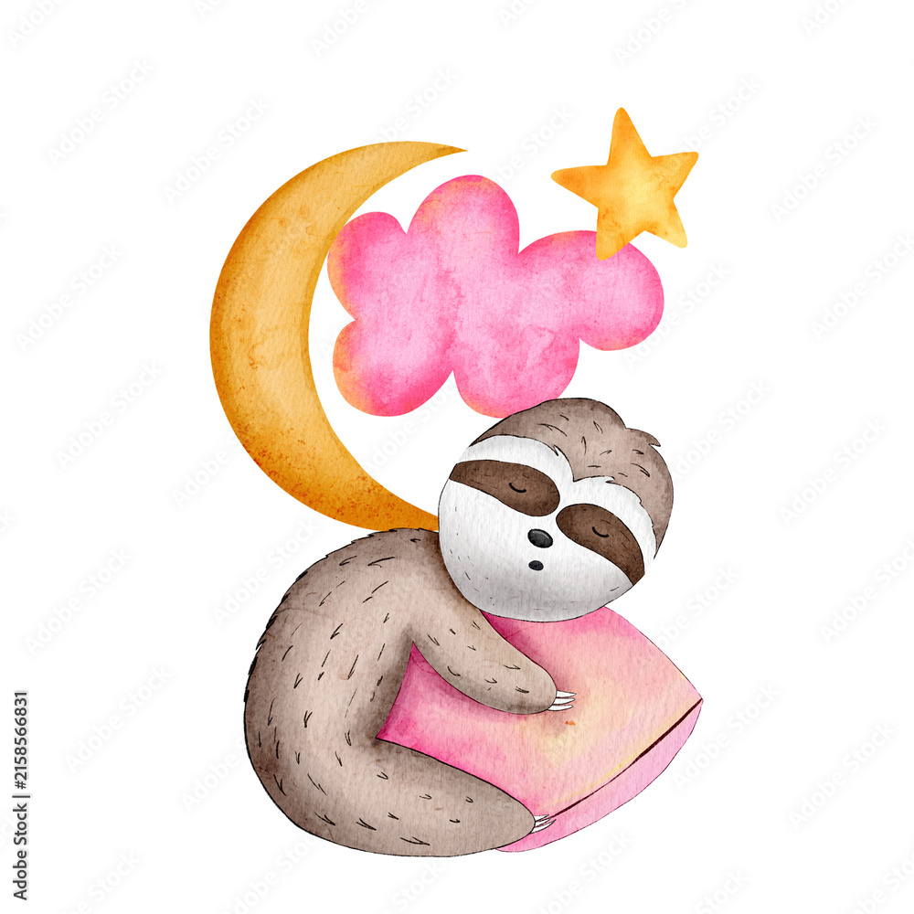 Naklejka premium Watercolor cute sleeping sloth with pink pillow, crescent moon, cloud and star illustration