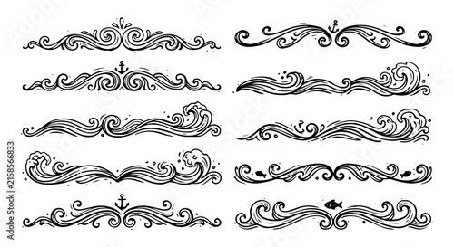 set of vintage-inspired sea wave horizontal dividers, expressive black ink strokes, organically curved wave patterns, subtle handmade imperfections, decorative nautical aesthetic.