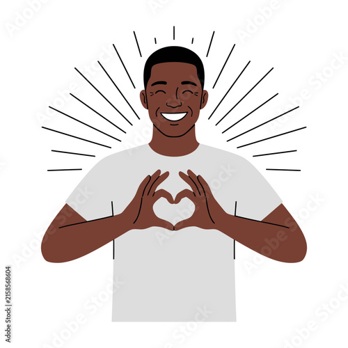 Smiling young black man making heart shape with hands love affection kindness