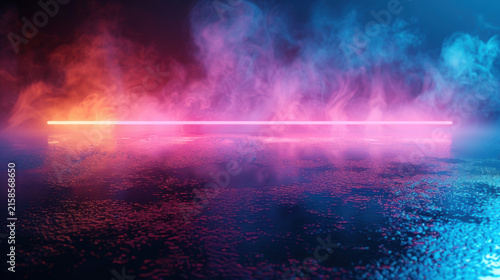 Futuristic Neon Light Tunnel with Smoke and Reflections on Wet Floor