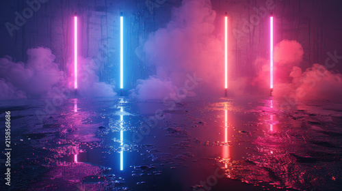 Futuristic Neon Light Tunnel with Smoke and Reflections on Wet Floor