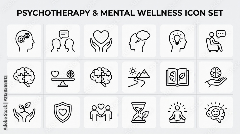 Fototapeta premium Psychotherapy and Mental Wellness Icons Set on White Background