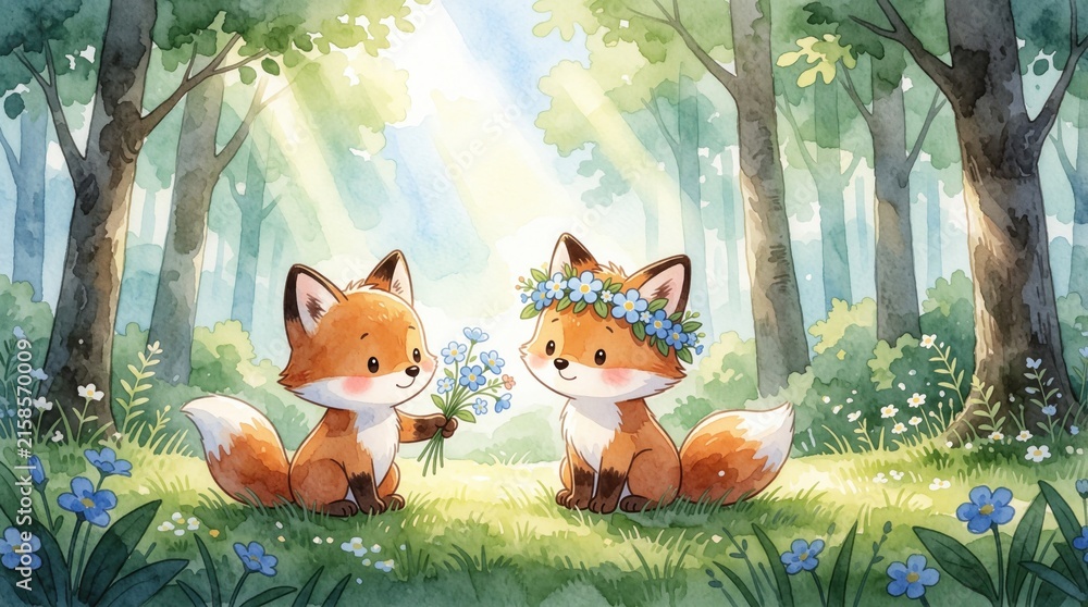 Naklejka premium Cute cartoon foxes in sunlit forest. One small fox gives blue flowers to another friend with flower crown. Sweet watercolor illustration shows animal friendship, kindness in green woodland. Perfect