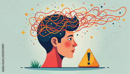Concept illustration of a person with tangled thoughts represented by swirling lines and sparkles, alongside a caution symbol, exploring mental health awareness and mindfulness.