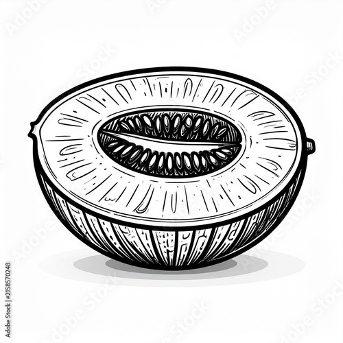 Black and white illustration of a coconut half with detailed texture.
