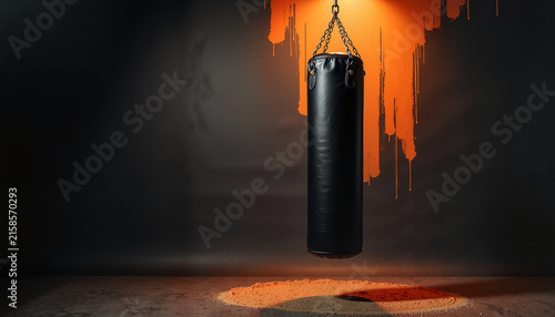 black punching bag suspended in front of an orange and black graffiti background creating a dynamic atmosphere for fitness and training use