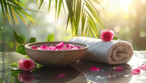 Tropical Spa Setup with Rose Petals and Towel.