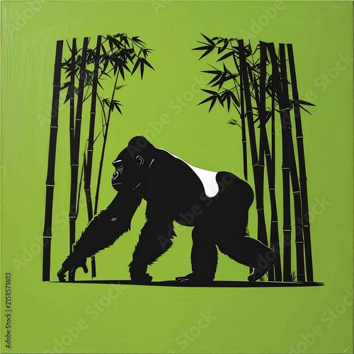 Silhouette of a Gorilla Walking Through Bamboo Forest.