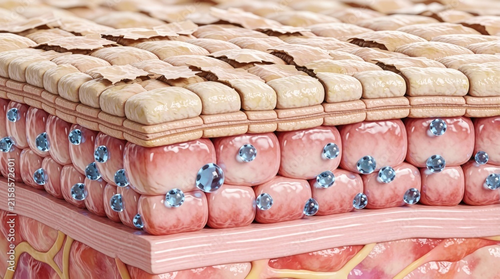 Obraz premium 3D medical illustration shows cross section of human skin layers. Damaged epidermis with cracked texture, dehydration. Blue water droplets represent moisture loss in stratum corneum. Detailed anatomy
