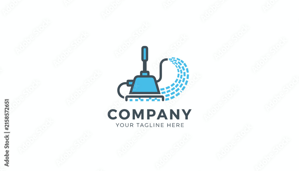 Fototapeta premium Carpet cleaning company logo featuring a blue professional vacuum machine spraying water, over a white background.